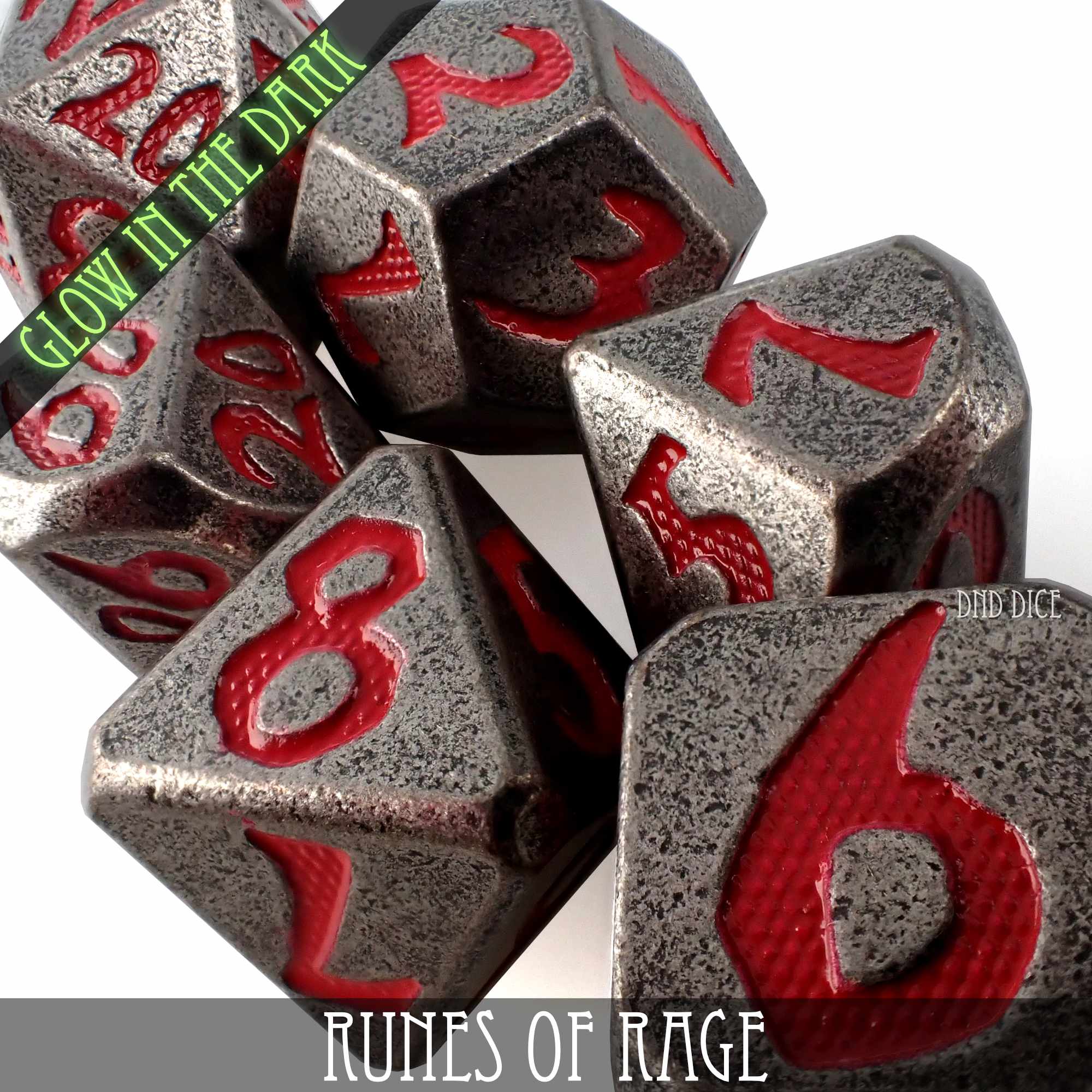 Runes of Rage Glow in the Dark Metal Dice Set - Image 2